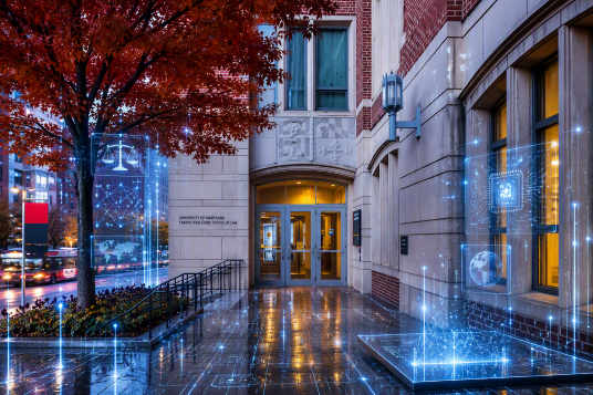 Law school building entry with futuristic AI output imaging