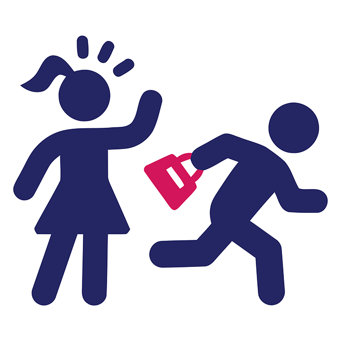 Icon of person stealing purse and running; female icon shows surprise