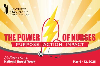 The Power of Nurses: Purpose, Action, Impact with lightning bolt draped in stethoscope on background with yellow rays | Celebrating National Nurses Week, May 6 - 12, 2026