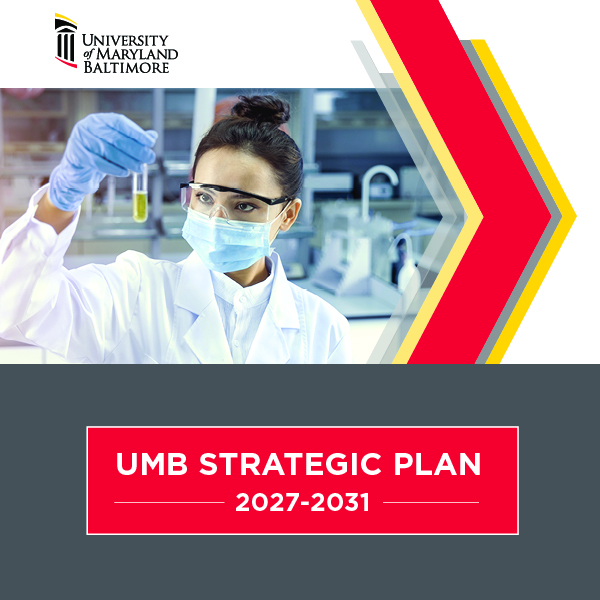 UMB Strategic Plan 2027-2031 with researcher wearing a facemask