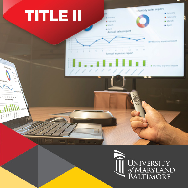 Title II in red banner with hand holding clicker with presentation on screen in background