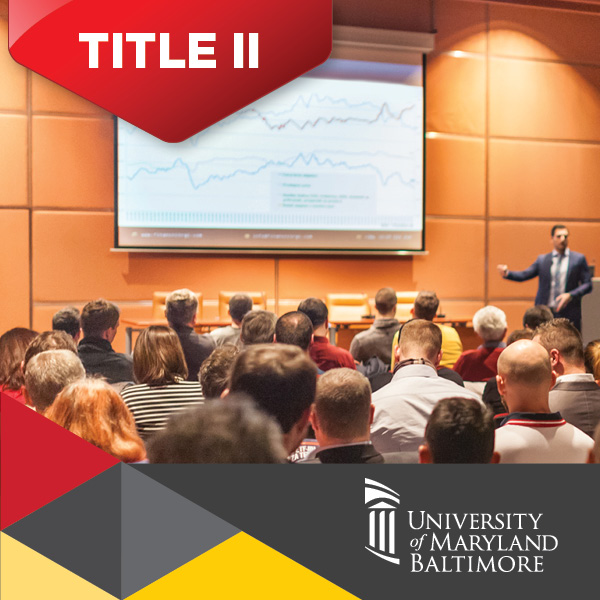 person at front of lecture hall filled with students and Title II in red banner  