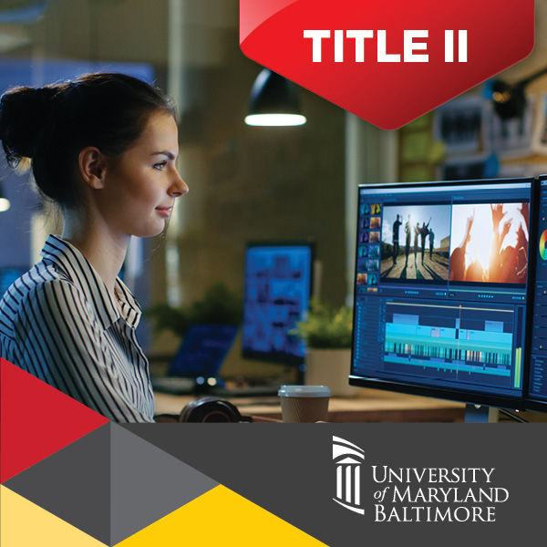 woman sitting in front of computer with Title II in red banner