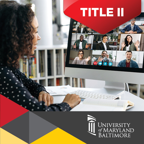 woman sitting at keyboard looking at screen with meeting with other people with Title II in red banner