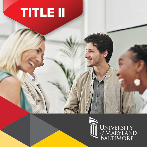 group of people talking and smiling with Title II in red banner
