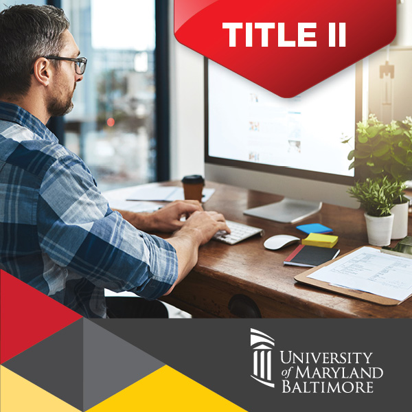 Man sitting at computer with Title II in red banner