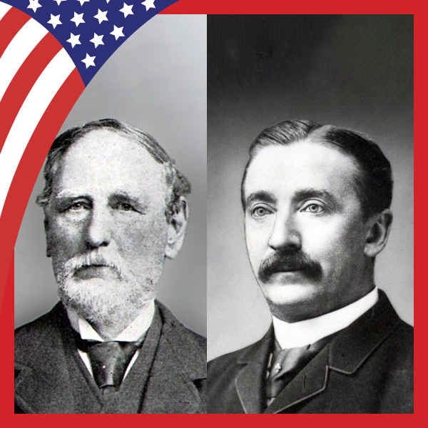 UMB Celebrates America at 250 with U.S. flag and photos of Alpheus Sharp on the left and Louis Dohme on the right