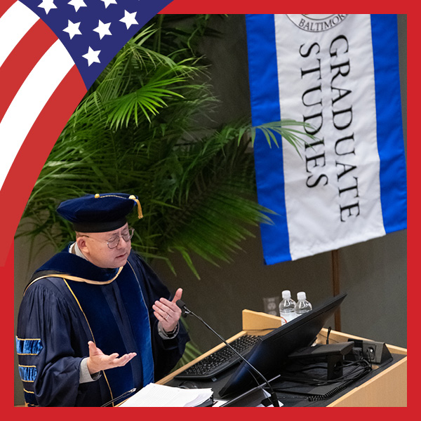 UMB Celebrates America at 250 graphic with American flag look and Dean Kenneth Won talking in front of a Graduate Studies banner