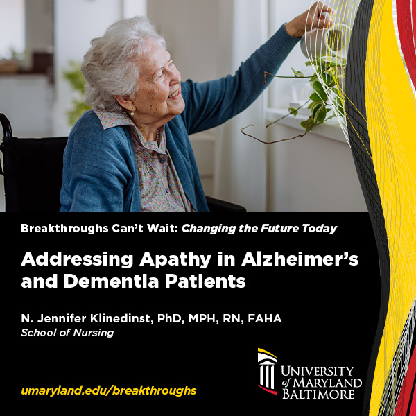 Older woman watering a plant with Breakthroughs Can't Wait underneath