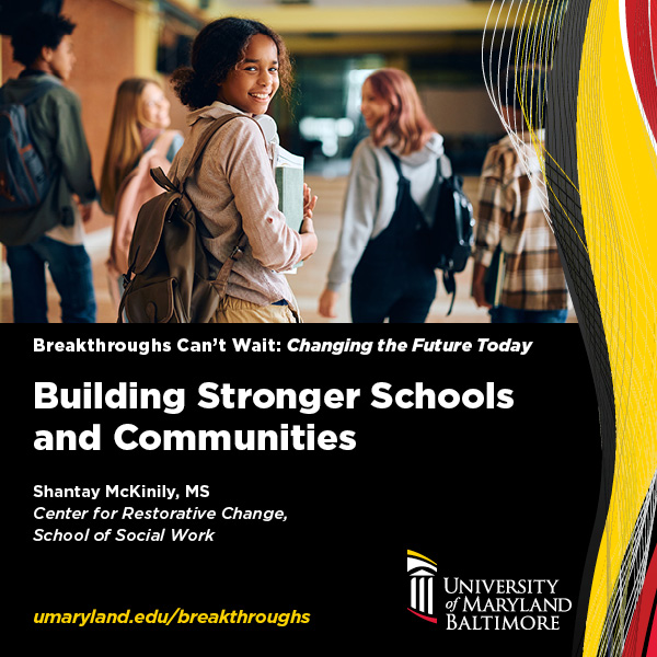 A girl in a school hallway with the words Building Stronger Schools and Communities