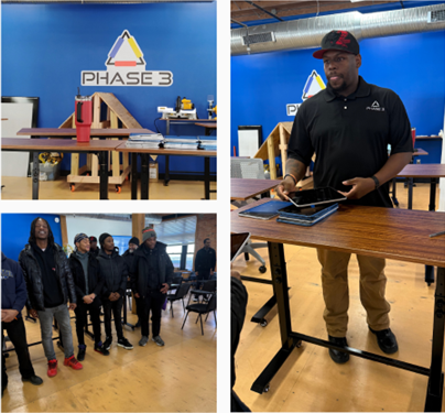 Three picture collage including picture of one man presenting in front of work table, Phase 3 Training logo and a group of men at the training site standing.