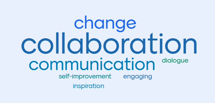 What is one word that represents your main takeaway from this session? Collaboration, change, communication, dialogue, self-improvement, engaging, and inspiration.