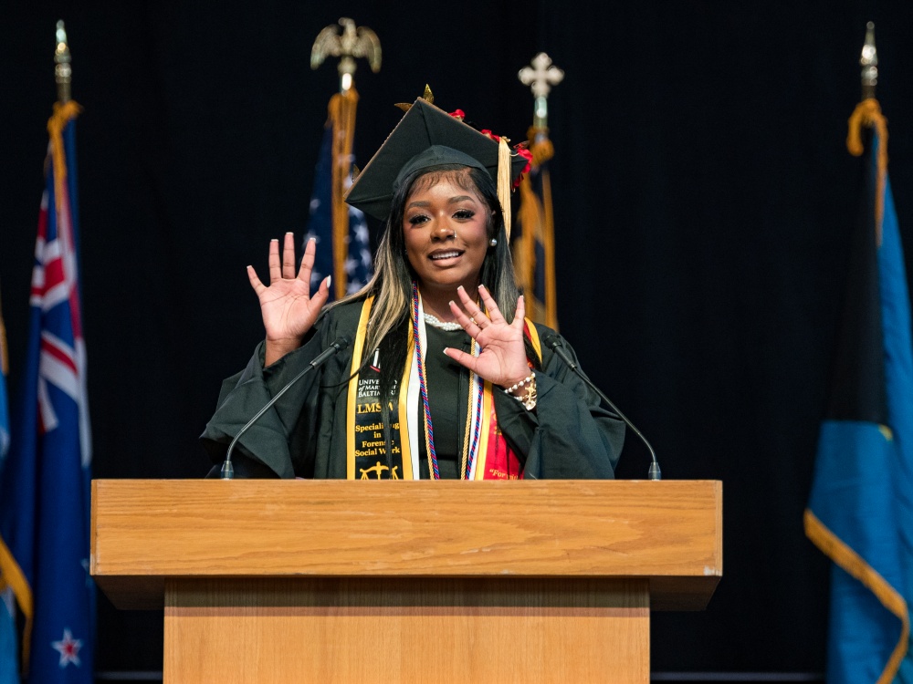 UMSSW Convocation student speaker Denise Haney receives a standing ovation and applause.