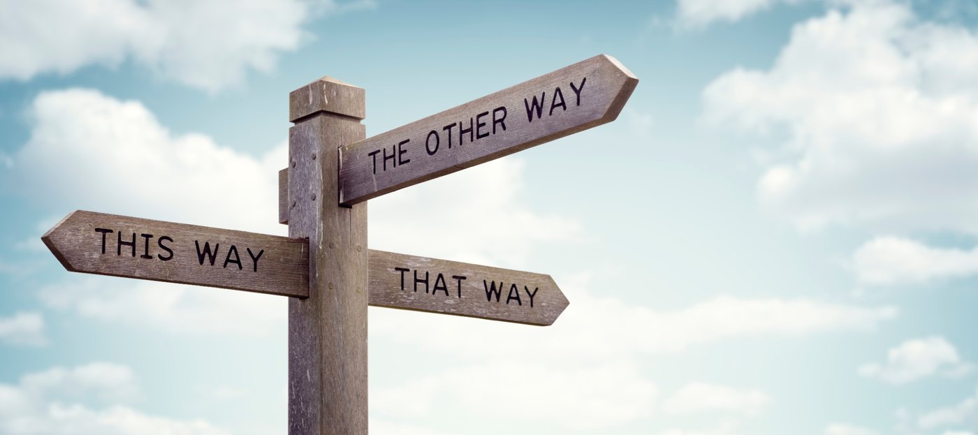 Wooden signpost with arrows labeled “This Way,” “That Way,” and “The Other Way” pointing in different directions against a blue sky.
