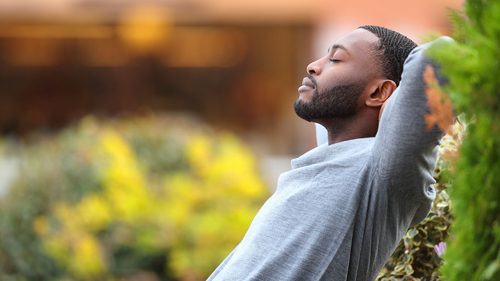 A man in a gray sweater leans back with eyes closed, exuding relaxation and contentment. He is outdoors with blurred greenery and yellow flowers around him.