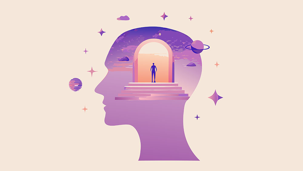 Illustration of profile with planets and stars inside of a head with a person standing on a platform