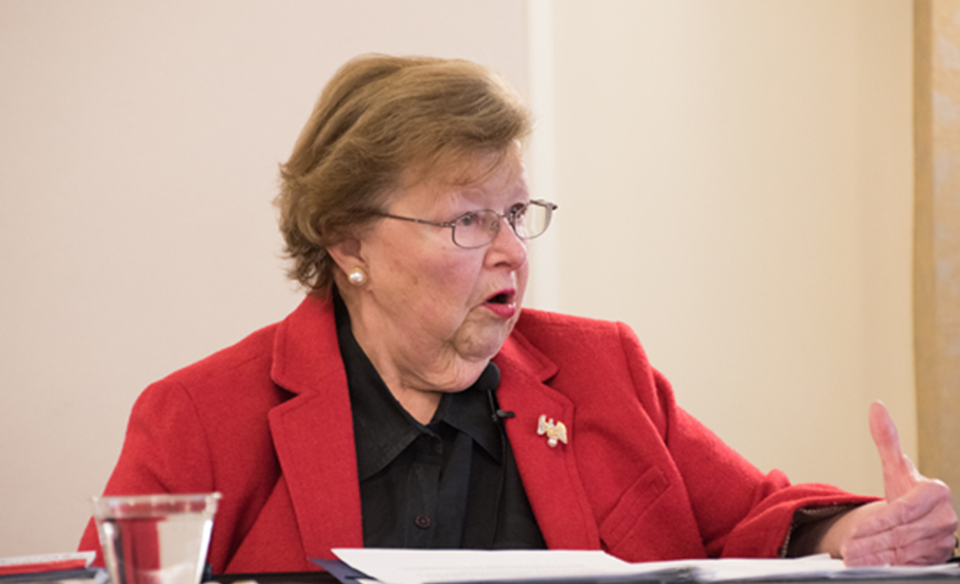 Barbara Mikulski addresses an audience at UMB for the University's President's Panel on Politics and Policy in November 2018.