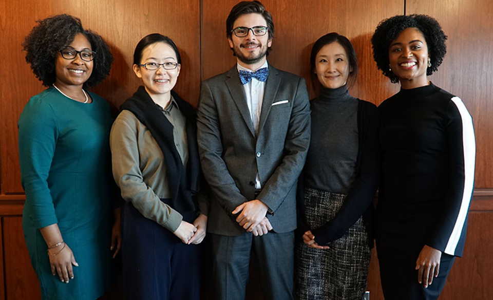 The five recipients of a host of scholarships — and one fellowship — pose for the camera at PHSR's annual Graduate Program Awards Presentation and Reception in October 2018.