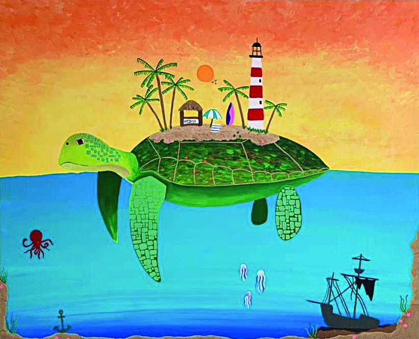 fun painting of turtle swimming in water, colorful