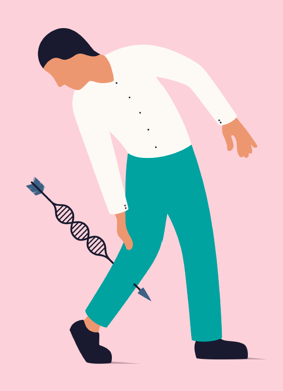 illustration of a man whose leg is being punctured by an arrow that looks like a DNA strand