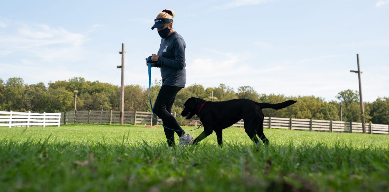 JoAnn Krukar Webb walks as she trains dog Siren at the Warrior Canine Connections farm in Boyds, Md.  