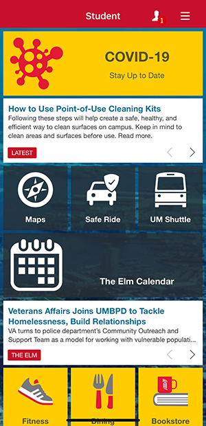 Hand holding an iphone, with the UMB mobile app home screen for student persona displayed.
