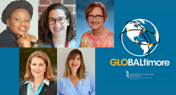 Five headshots of women with the GLOBALtimore globe logo on a blue background