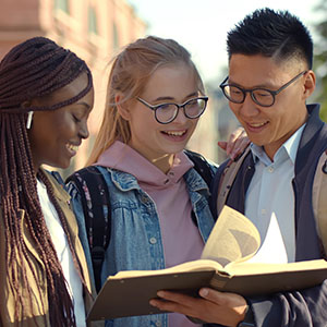 Diverse students smiling as they look at a textbook