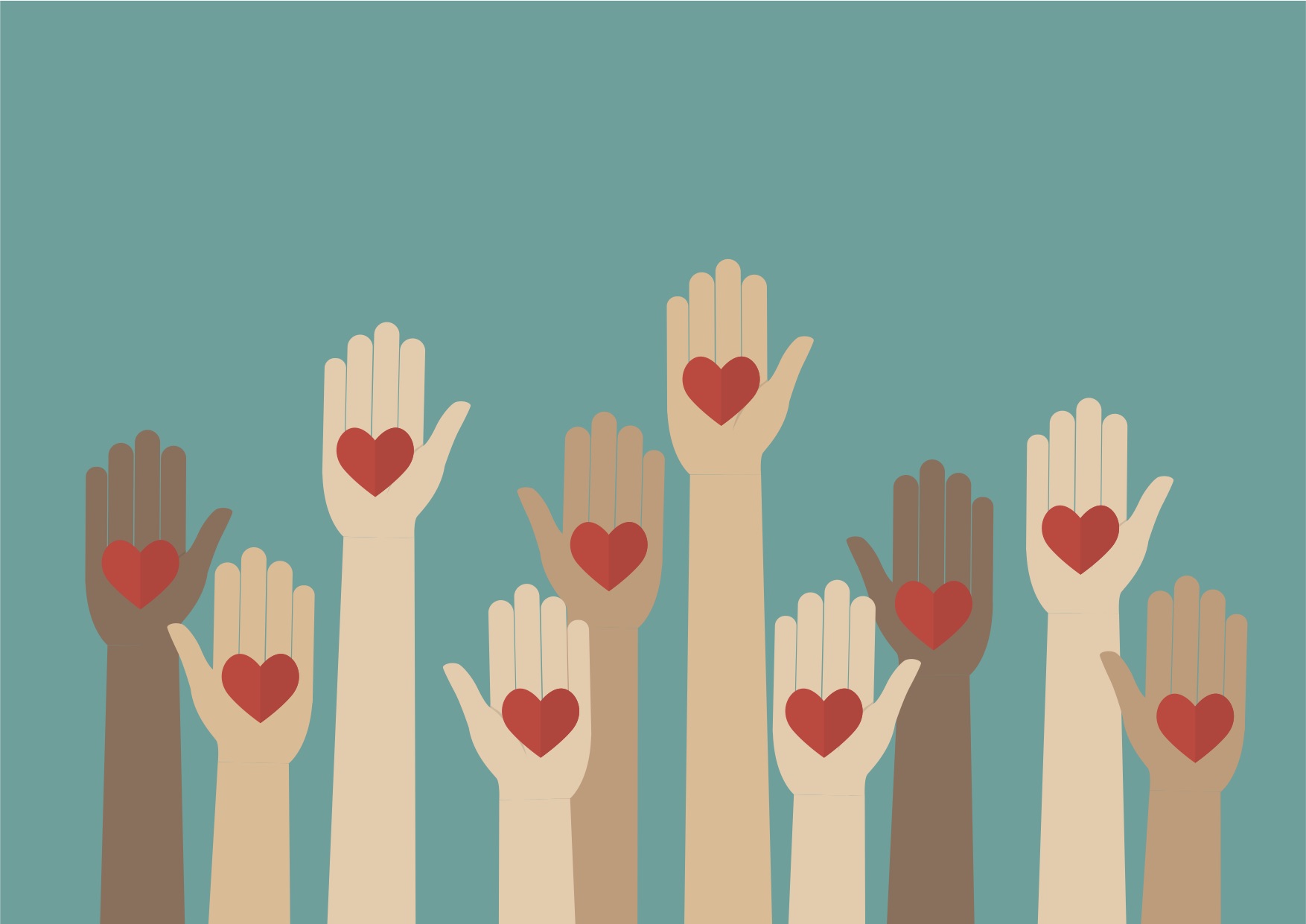 Hands raised against a teal background with hearts in their centers.