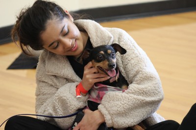 girl holds dog