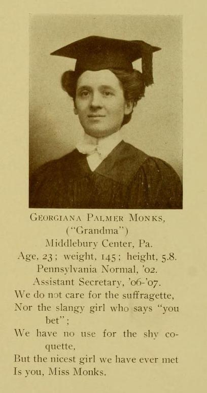 Dr. Georgiana P. Monks, Dental Department University of Maryland, Class of 1909. From the Terra Mariae Yearbook, 1909