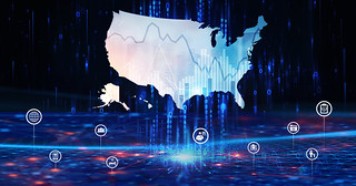 a map of the United States over a computerized background