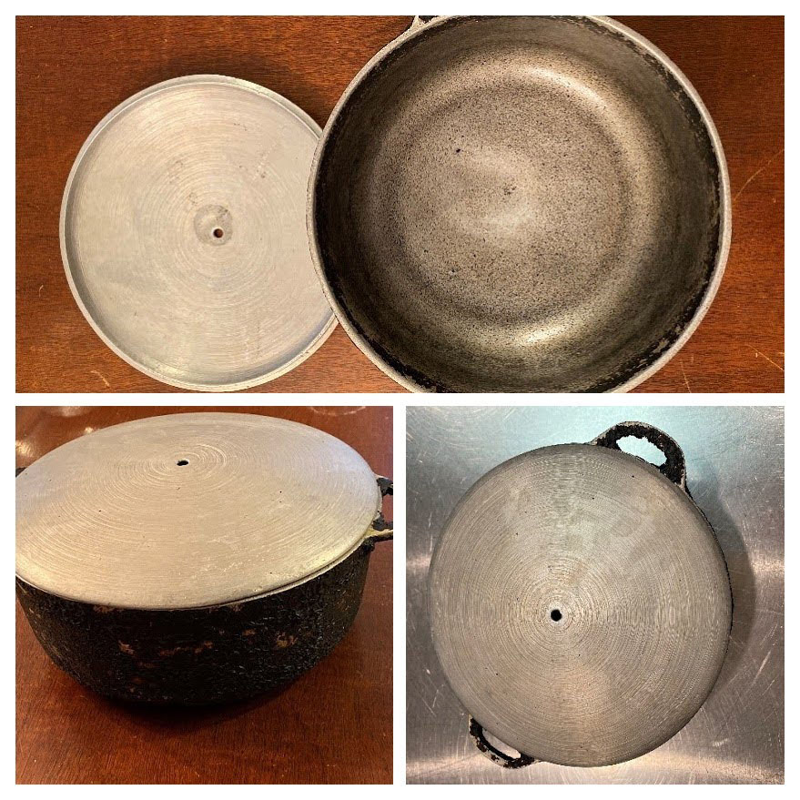 Collage: top image, a lidless steel pot sits on a wooden table; bottom left, same steel pot with lid on it photographed from the side; bottom right, same pot from top with lid, there are two handles.