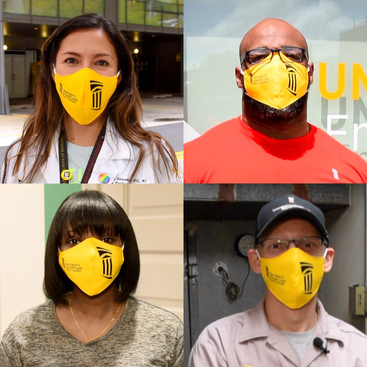 Four employees wearing UMB face masks
