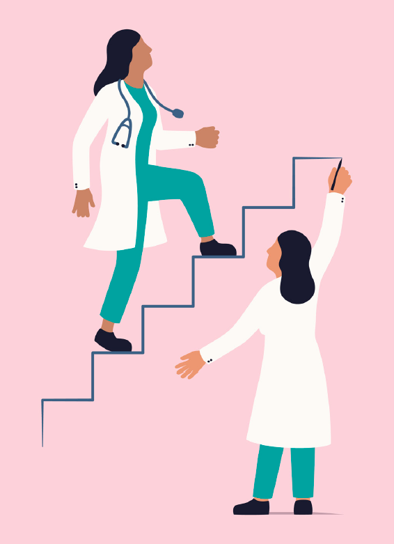 Illustration: Preceptor draws steps that a student nurse is walking up.