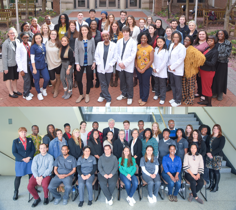 Pictured: (top) Conway Scholars following a luncheon held March 2, 2020, at UMSON; (bottom) Bill Conway with a group of Conway Scholars following a luncheon held Feb. 18, 2020, at USG.  

