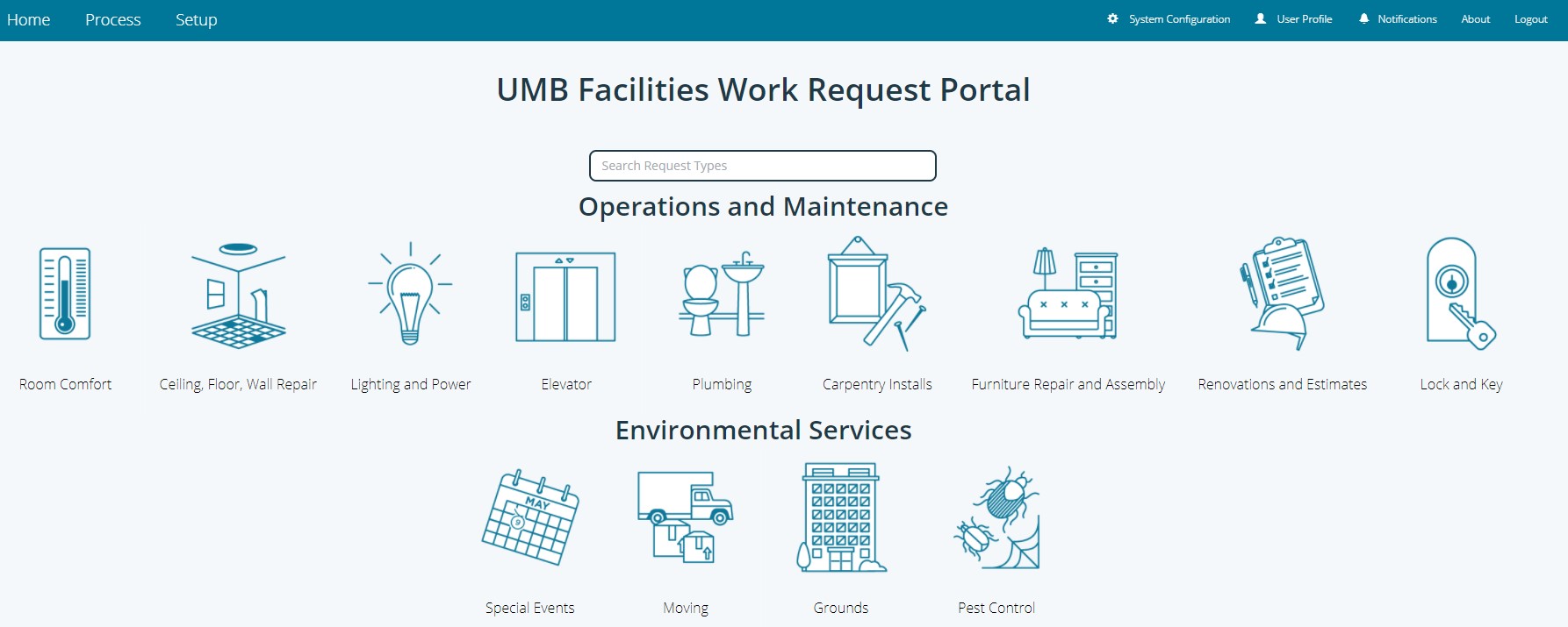 Screenshot of new UMB Facilities Work Request Portal