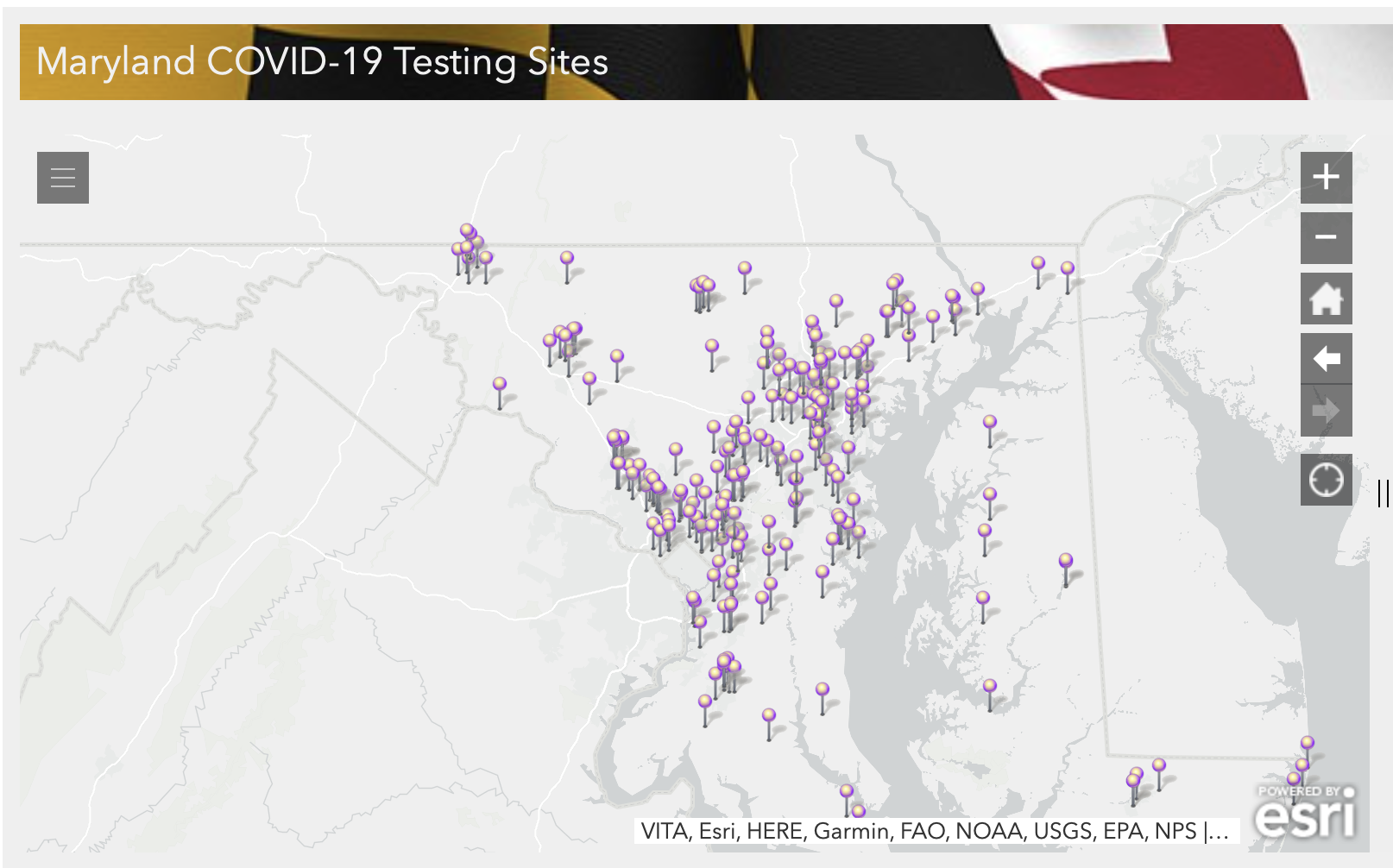 Map of COVID-19 testing sites in Maryland.