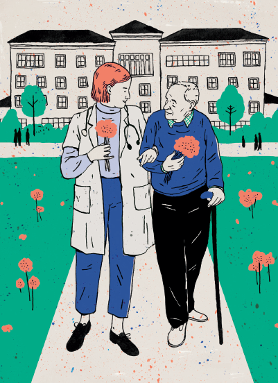 illustration of a nurse with an elderly person outside of a facility