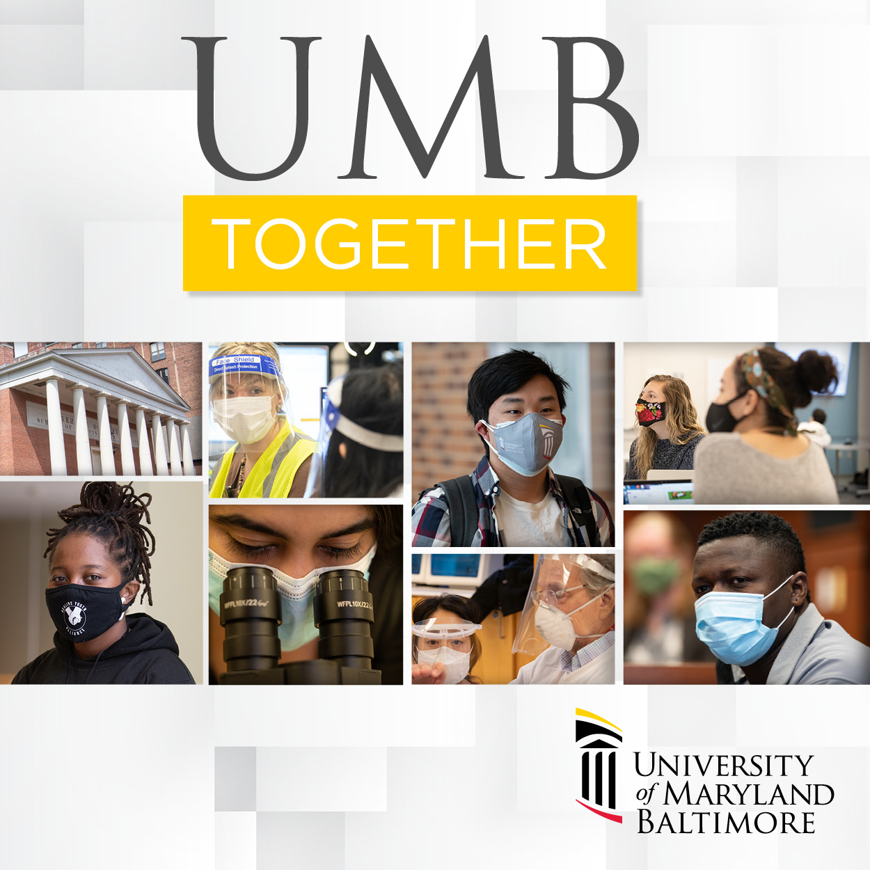 images of people and UMB yellow, white and gray look for UMB Together campaign