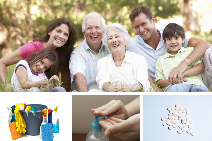 Image collage that features photos of a family, household cleaning products, hand sanitizer, and medicines.