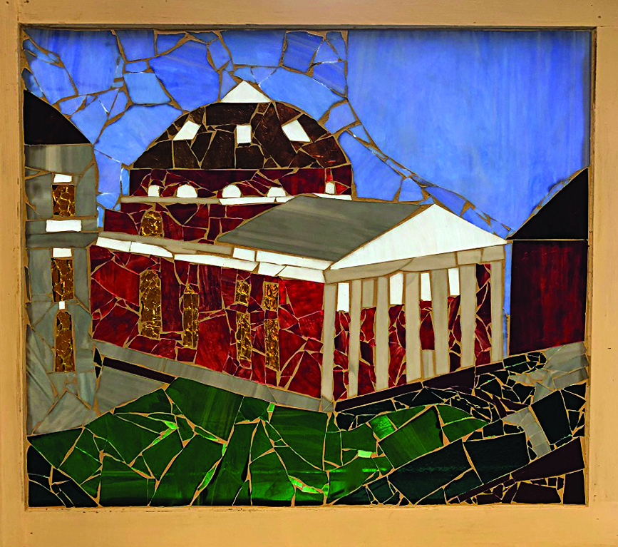 glass mosaic of Davidge Hall in red, green and tan