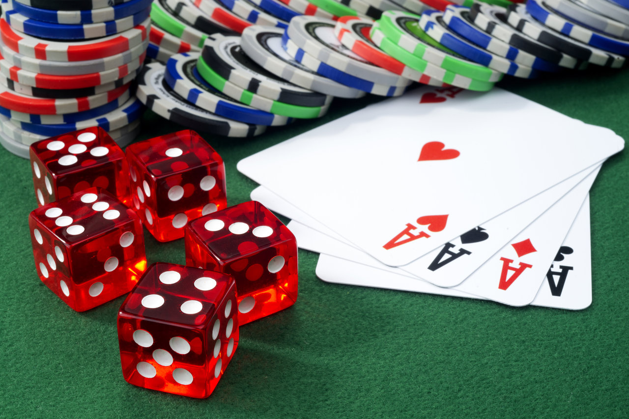 Dice, playing cards, and casino chips