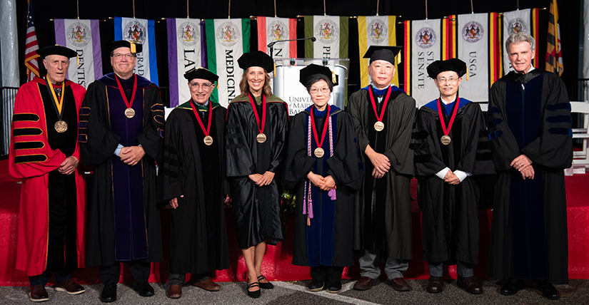 The 2026 cohort of UMB Distinguished University Professors with Bruce Jarrell and Mark Reynolds
