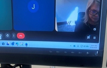 A strange figure appears behind Kristy Guice during a teleconference)