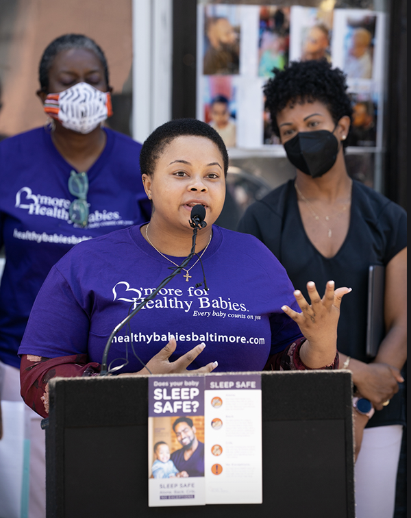 A parent speaks at a B'more for Healthy Babies news conference.