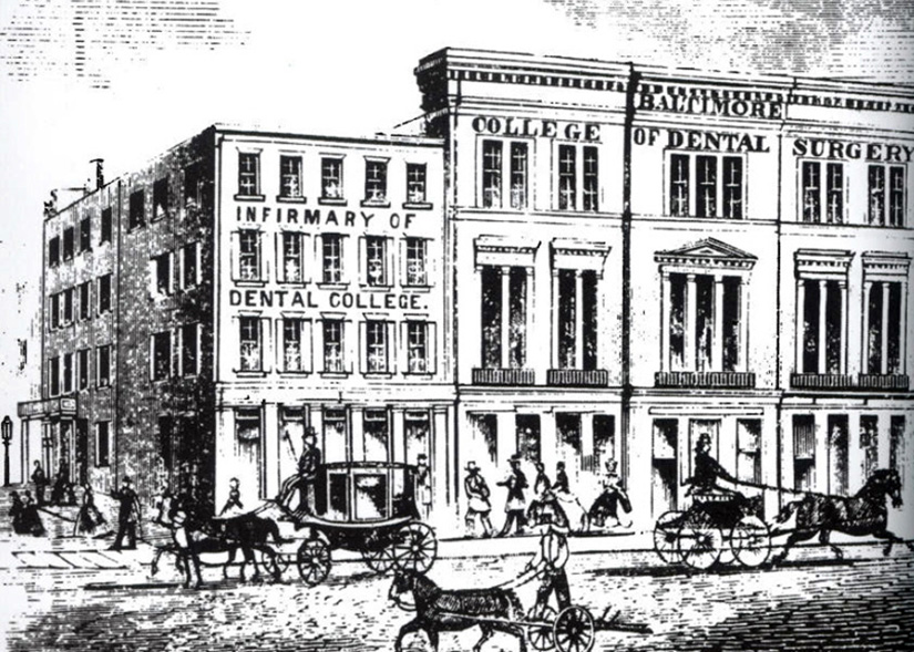 The Baltimore College of Dental Surgery occupied this building at Hanover and Lombard streets from 1853 until 1872.