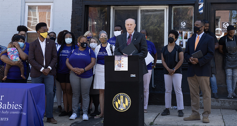 Bruce Jarrell and Brandon Scott at B'more for Healthy Babies news conference in June 2021