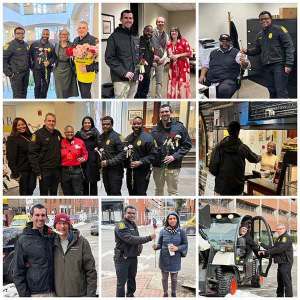 Collage of photos showing Public Safety team handing out flowers