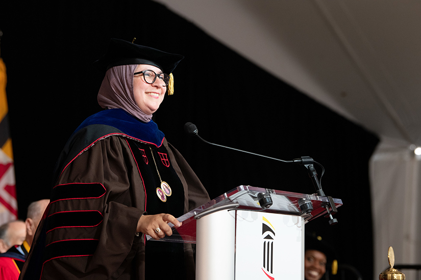 Danya Qato speaks at the UMB Convocation